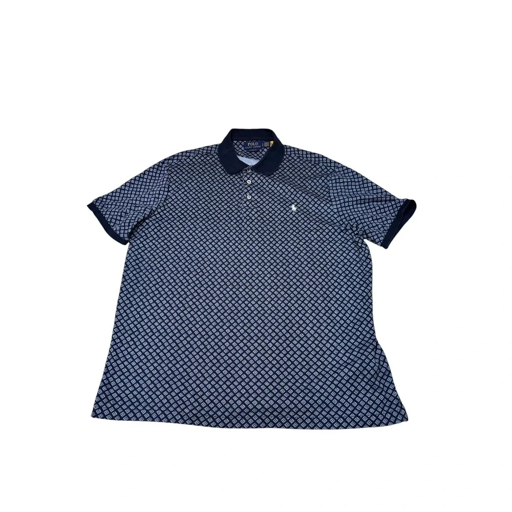 Polo Ralph Lauren Mens Large Classic Fit Geometric Print Polo Shirt Navy Stretch